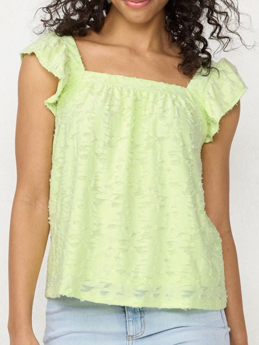 LC LAUREN CONRAD Ruffle Sleeve Cross Back Top Pastel Green Floral Jacquard Tank